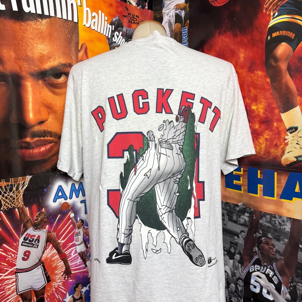 Vintage 90s Minnesota Twins Kirby Puckett Nutmeg Break Through MLB Tee Sz Large - Picture 5 of 6